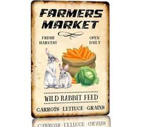 Farmers Market Fresh Harvest Open Daily Metal Tin Sign Vintage Rabbit Carrots Easter Day Wall Decor Signs for Home Kitchen Farmhouse Easter Party Wall Plaque 8x12 Inch