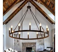 Farmhouse 12 Lights Wagon Wheel Chandelier, 38in Black Modern Wagon Wheel Ceiling Light Fixture with Adjustable Chain, Round Industrial Rustic Pendant Lighting for Living Room Foyer (12 lights)