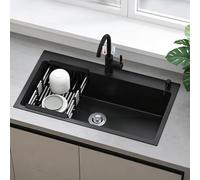 Farmhouse 304 Stainless Steel Kitchen Sink Black with Tap,68cmx45cm Single Bowl Sink,Topmount Sink or Sink Bracket,Hot and Cold Water Pipes