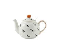 Farmhouse Animal Pattern Teapot with Infuser for Loose Leaf Tea, White with Animal Illustration (Puffin)
