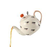 Farmhouse Animal Pattern Teapot with Infuser for Loose Leaf Tea, White with Animal Illustration (Puffin)