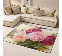 Farmhouse Area Rugs For Living Room 160x120 Cm, Peony Flowers Blossom Print Throw Rugs Non Skid Microfiber Rug For Bedroom Washable Soft Shaggy Large Area Rugs For Dining Room Decor Kitchen Indoor