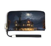 Farmhouse at Night Cute Coin Purse Leather Small Change Purse Zipper Travel Wallet Holder with Hand Strap