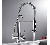 Farmhouse Bar Sink Faucet, Commercial Nickel Pull Down Mixer with Dual Spouts, Swivel Handheld Shower, Hot & Cold 2 Outlet Taps for Kitchen