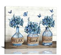 Farmhouse Bathroom Decor: Navy Blue Hydrangea Flower Wall Art - Canvas Prints, Country Relax Soak Unwind Sign - Modern Decor, Framed, Ready to Hang - 20"x24"