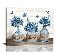 Farmhouse Bathroom Decor: Navy Blue Hydrangea Flower Wall Art Canvas Prints - Country Relax Soak Unwind Sign Artwork Modern Aesthetic Home Decor - Framed Ready to Hang