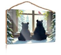 Farmhouse Bathroom Sign Two Bears Gazing At Winter Forest Through Window Wooden Sign Door Decor Summer Gifts(15X28CM)