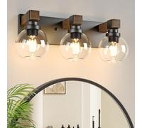 Farmhouse Bathroom Vanity Light Fixtures, 3-Light Wood Bathroom Light Fixtures Over Mirror, Rustic Sconces Wall Lighting with Glass Shade for Living Room, Bedroom, Hallway