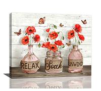 Farmhouse Bathroom Wall Art - Rustic Poppy Canvas Print With Butterfly - Country Relax Painting Framed Artwork for Bedroom 16"x20"