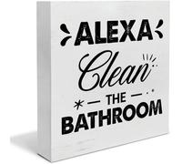 farmhouse Bathroom Wood Box Sign Desk Decor Alexa Clean The Bathroom Wooden Block Sign Rustic Home Shelf Wall Decoration 5x5 Inch A Gift For Mom Dad Aunts Uncles Grandparents