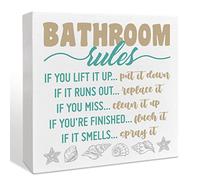 Farmhouse Beach Wooden Box Sign, Bathroom Rules, Summer Beach Decor for Home Bedroom Bathroom, Inspirational Beach House Ocean Nautical Decoration, Beach House Gifts for Women Men New House 5 * 5