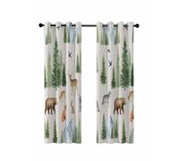 Farmhouse Blackout Curtains for Bedroom Living Room, Watercolor Bear Deer Rabbit Rustic Wolf Fox Natura 72 In Long Thermal Insulated Room Darkening Drapes Grommet Window Treatments, 52 x 72 In