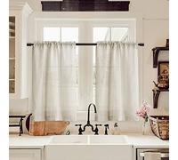 Farmhouse Boho Short Semi Sheer Curtains 24 Inch Length for Kitchen Over Sink Bathroom Rod Pocket Linen Cream Ivory RV Camper Small Cafe Tier Curtains for Basement Door Half Window Natural 2 Panels