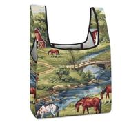 Farmhouse Bridge Horse Scene Funny Reusable Grocery Bag Printed Fold-able Shopping Bags Washable Tote Lightweight Storage Pouch with Handle