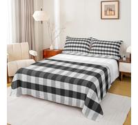 Farmhouse Buffalo Plaid Bed Sheets Set Double Size Grey Black and White Checkered Bed Set for Kids Boys Girls Rustic Geometric Deep Pocket Fitted Sheet Classic Retro Boho Soft Lightweight Microfiber