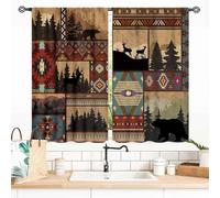 Farmhouse Cabin Bear Curtains for Kitchen, Rustic Retro Forest Woodland Deer Elk Lodge Window Treatments Western Tribal Aztec Wild Animals Small Short Drapes for Bedroom Living Room Cafe, 55x39 Inch