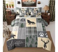 Farmhouse Cabin Full Comforter Set With Sheets Wolf Bear Antlers 7-Piece Bedding Set For Kids Boys Teens Bedroom Woodland Wildlife Claw Bed In A Bag Rustic Lodge Plaid Patchwork Bed Sets, Grey Green