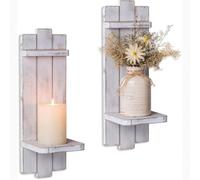 Farmhouse Candle Sconces Wall Decor: Set of Two Rustic Wood Candle Holder Wall Decor - Distressed White Candle Sconces for Bedroom Living Room Bathroom