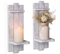 Farmhouse Candle Sconces Wall Decor: Set of Two Rustic Wood Candle Holder Wall Decor - Distressed White Candle Sconces for Bedroom Living Room Bathroom