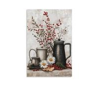 Farmhouse Canvas Wall Art - Coffee Pots And Daisies with Red Berries Painting Picture Country Farmhouse Still Life Poster Print for Kitchen Dining Room Decor Wall Art Picture Canvas Prints Bedroom Liv