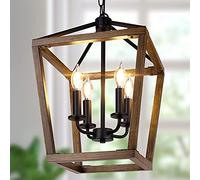 Farmhouse Chandelier Light Fixture for Kitchen Dining Room, 4-Light Rustic Pendant Hanging Ceiling Light Height Adjustable in Oak Wood Finish, Cage Lantern Lighting with E12 Base for Hallway Foyer