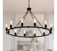 Farmhouse Chandelier, Vintage Wagon Wheel Black Ceiling Lighgt