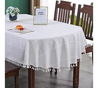 Farmhouse Checkered Embroidery Lattice Oval Tablecloth with Tassel Heavy Duty Rustic Fabric Table Cover Wrinkle Resistant Washable Kitchen Dining Party Wedding Decoration 60 x 84 Inch