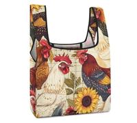 Farmhouse Chickens Sunflowers Funny Reusable Grocery Bag Printed Fold-able Shopping Bags Washable Tote Lightweight Storage Pouch with Handle