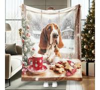 Farmhouse Christmas Basset Hound Dog Throw Blanket 60''x80'', Xmas Window Puppy Full King Queen Fuzzy Blanket for Couch Living Room Beach Travel, Holiday Home Sofa Decorations