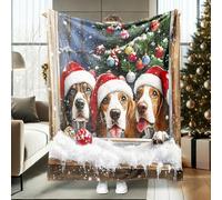 Farmhouse Christmas Basset Hound Dog Throw Blanket 60''x80'', Xmas Window Puppy Pet Full King Queen Fuzzy Blanket for Couch Living Room Beach Travel, Holiday Home Sofa Decorations