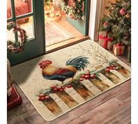 Farmhouse Christmas Chicken Black Door Mat Outside Inside Entrance 29x17 Inch, Rustic Fences Farm Xmas Outdoor Non Slip Doormat, Small Rooster Holiday Print Patio Garage Shoes Off Door Rug