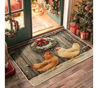 Farmhouse Christmas Chicken Black Door Mat Outside Inside Entrance 29x17 Inch, Rustic Wood Farm Country Xmas Outdoor Non Slip Doormat, Small Rooster Chick Print Patio Garage Shoes Off Door Rug