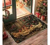 Farmhouse Christmas Chicken Black Door Mat Outside Inside Entrance 29''x17'', Rustic Fences Farm Xmas Outdoor Washable Doormat, Small Rooster Holiday Patio Garage Shoes Off Door Rug