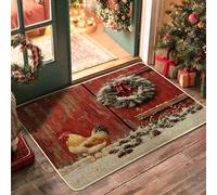 Farmhouse Christmas Chicken Black Door Mat Outside Inside Entrance 29''x17'', Rustic Wood Farm Country Xmas Outdoor Washable Doormat, Small Rooster Chick Patio Garage Shoes Off Door Rug
