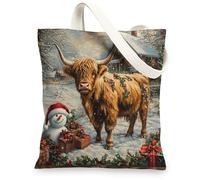 Farmhouse Christmas Highland Cow Canvas Tote Bag for Shopping 13x15, Relief Xmas Farm Reusable Grocery Print Pattern Bag for Women Men, Holiday New Year Aesthetic Painting Gift Decor