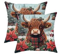 Farmhouse Christmas Highland Cow Throw Pillow Covers 18x18 Set of 2, Soft Country Xmas Animal Print Pillow Cases Kit with Zipper, Holiday New Year Decoration for Couch Sofa Room