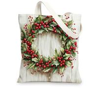 Farmhouse Christmas Holly Canvas Tote Bag for Shopping 13x15, Rustic Country Xmas Plant Leaf Reusable Grocery Print Bag for Women, Farm Holiday Aesthetic Painting Gift Decor