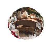Farmhouse Christmas Print Shower Cap â€“ Double Layer, Breathable, Adjustable Elastic Strap, Durable Travel Essentials