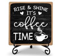 Farmhouse Coffee Bar Sign, Rise & Shine It's Coffee Time, 4"x4" Wood Plaque with Stand Gift for Home Kitchen Tabletop Decor -B09