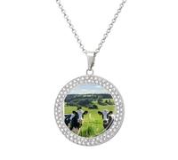 Farmhouse Cow From Window Funny Necklace With Printed Pendant Novelty Diamond Jewelry for Women Men Silver/Gold