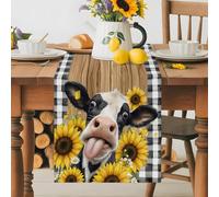 Farmhouse Cow Table Runner 13x48 Inches Long Animal Yellow Sunflower Rustic Plaid Brown Wood Grain Cotton Linen Table Runner Burlap Style for Dinner Table Party Decor Tabletop Decorations