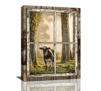 Farmhouse Cow Wall Art Funny Forest Cow Cattle Pictures Wall Decor Nature Woodland Animal Canvas Print Tree Landscape Painting Framed Home Artwork Decorations For Bedroom Bathroom Office 12"x16"