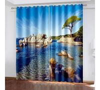 Farmhouse Curtain, Curtains 54 Inch Length 2 Panels Set Sea and Stone Landscape Polyester Blue Beige Green Drapes Blackout 2 Panels 38W x 54L Inch