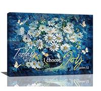 Farmhouse Daisy Bathroom Decor Wall Art Rustic Floral Butterfly Today I Choose Joy Blue Pictures Wall Decor Canvas Painting Prints Artwork Home Decorations Framed for Bedroom Kitchen 16"x12"