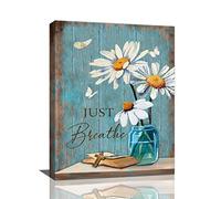 Farmhouse Daisy Bathroom Wall Art Rustic Floral Butterfly Just Breath Pictures Wall Decor Christian Religious Canvas Prints Painting Framed Artwork Home Decor For Bathroom Bedroom Kitchen Office