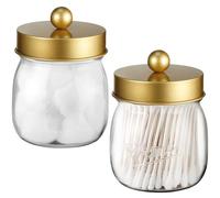 Farmhouse Decor Apothecary Jar Set,Mason Jar Bathroom Vanity Storage Organizer Canister - Qtip Holder Plastic Acrylic Jar for Cotton Swabs,Cotton Pads,Floss Picks,Paper Clips,Hair Clips(2 Pack,Gold)