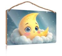 Farmhouse Decor Signs Adorable Cartoon Moon in The Clouds Wooden Sign Fall Office Decor Bedroom Decorations(15X28CM)