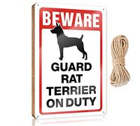 Farmhouse Decor Signs Beware! Guard Rat Terrier On Duty Wooden Sign Vintage Room Decor Funny Office Door Signs(23X35CM)