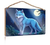 Farmhouse Decor Signs Blue Wolf Under The Full Moon Wooden Sign Fall Office Decor Bedroom Decorations(20X30CM)