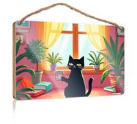 Farmhouse Decor Signs Cat with Mug by The Window Wooden Sign Fall Office Decor Bedroom Decorations(20X30CM)